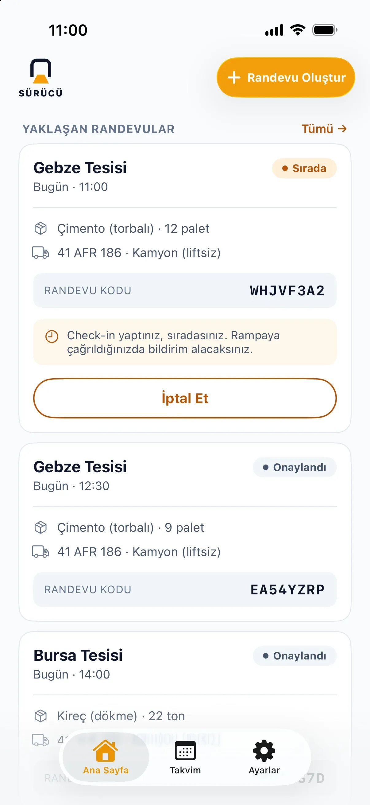 Startbildschirm von Bindir Sürücü: anstehende Termine, der erste eingecheckt und in der Warteschlange